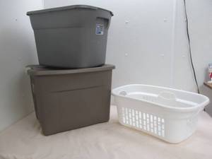 Plastic totes, laundry basket