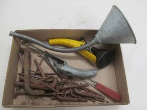 Oil spout cans, wrenches, funnels