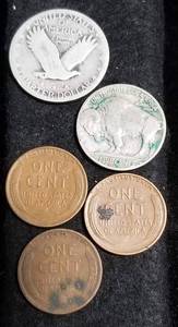 5 COINS 1929 25C, 1937-D 5C, 1910 1937 1938 CENTS