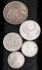 GROUP OF 5 FOREIGN COINS MOSTLY SILVER