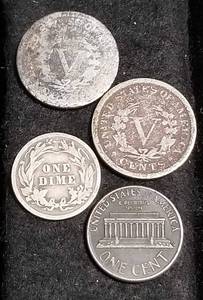 4 US COINS - 1896 1906 5C, 1907 10C, 1990-D 1C (possible error)
