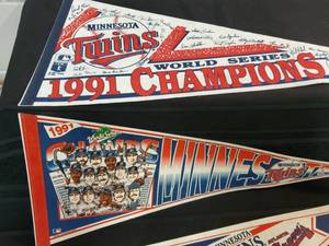 lot 83 image: (3) 1991 Twins World Series Champions Pennants