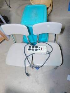 lot 56 image: 2 Hard Plastic Chairs  2 Large Plastic Tubs  Large 8 Plug-in Outlet