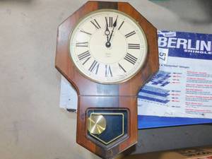 lot 59 image: Waltham Dark Brown Oak Traditional Schoolhouse Wall Clock with Chime and Pendulum