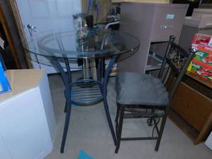 lot 97 image: Black Metal Glass Top Table & Chair