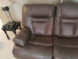 lot 1 image: Ashley  Furniture Leather Couch, Electric Reclining Head, Lumbar, Leg Rests