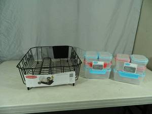 New Rubbermaid Dish Rack and 2 New 8 Pc Storage Set
