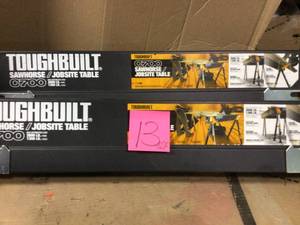 lot 13 image: Adjustable Height (25-32 in.) and Width (39.9-45.9 in.) Steel Sawhorse and Jobsite Table  1300 lb. Capacity by TOUGHBUILT in good condition 