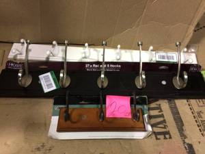 lot 20 image: 27 in. Black Rail with 5 Satin Nickel Hooks by Home Decorators Collection in good condition 