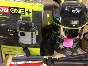 lot 23 image: ONE 18V Cordless 4.75 Gallon WetDry Vacuum (Tool Only) with Hose, Crevice Tool, Floor Nozzle, and Extension Wands by RYOBI in good condition 