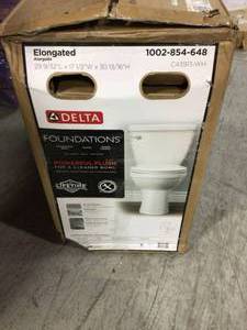 lot 104 image: Foundations 2-piece 1.28 GPF Single Flush Elongated Toilet in White by Delta not used