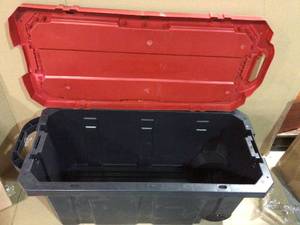 lot 77 image: 45 Gal. Black and Red Latch and Stack Tote with Wheels by Husky in good condition
