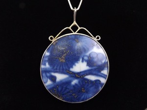 .925 Sterling Silver Large Ancient Asian Pottery Shard Pendant Necklace