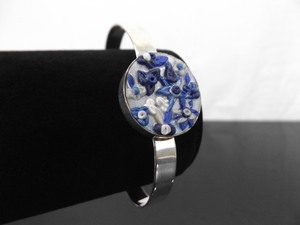 .925 Sterling Silver Enamel Blue Flower Open Cuff Bracelet