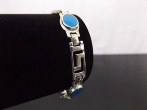 .925 Sterling Silver Inlayed Sleeping Beauty Turquoise Enamel Greek Key Bracelet