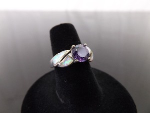 .925 Sterling Silver Inlayed Opal and Faceted Amethyst Ring Size 6