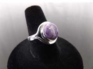 .925 Sterling Silver Purple Agate Cabochon Adjustable Ring Size 7