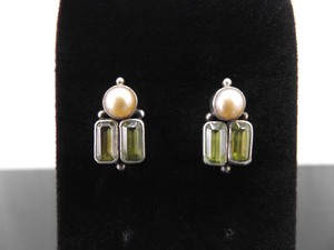 .925 Sterling Silver Emerald Cut Peridot and Real Pearl Post Earrings
