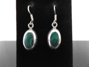 .925 Sterling Silver Inlayed Malachite Dangle Hook Earrings