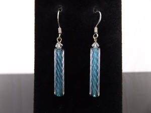 .925 Sterling Silver Ocean Blue Blown Twist Glass Dangle Hook Earrings