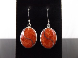 .925 Sterling Silver Red Coral Dangle Hook Earrings