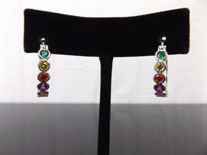.925 Sterling Silver Multi Colored Crystal Hook Clamp Hoop Earrings