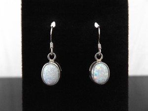 .925 Sterling Silver Opal Cabochon Dangle Hook Earrings