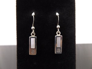 .925 Sterling Silver Inlayed Mother of Pearl Designed Dangle Hook Earrings