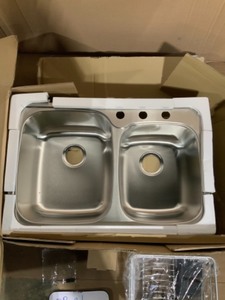 lot 7 image: eMODERNDECOR Topmount Drop-In 18G Stainless Steel 33-18 in. 3-Hole 6040 Double Bowl Kitchen Sink wExpandable Dish Rack Strainer NOT USED COMPLETE SEE PICS