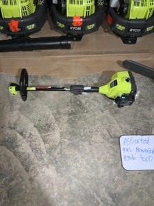 lot 19 image: ASSORTED 4 GAS POWERED RYOBI BACKPACK BLOWERS & CHAINSAW PLUS TRIMMER SEE PICS