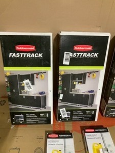 lot 53 image: Rubbermaid fast track garage 31.5 in. w x 9.5 in. D large metal shelf. and fasttrack 28in h w x 12.6 d laminate garage wall mounted cabinet black