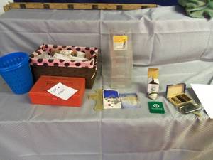 2 blue baskets, brochure holder, pe...