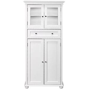lot 319 image: Home Decorators Collection Hampton Harbor 25 in. W x 14 in. D x 52-12 in. H Linen Cabinet with Drawer in White, BF-22673-WH - Bottom LH Door Pops Open, Missing LH Back Bun Foot.