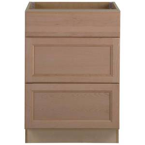 lot 321 image: Hampton Bay Assembled 24x34.5x24 in. Easthaven Base Cabinet with 3-Drawers in Unfinished German Beech, EH2435D-GB - Drawers need some work (Top drawer board that holds the faceplate is cracked, Cabinet is looseStained.