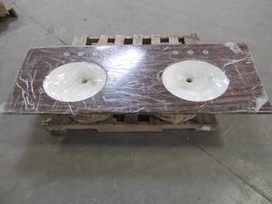 lot 420 image: Vanity Top in Brown with Marble Effects, 2 Round White Basins. Top Measures 61 x 22 - Does not have backsplash.