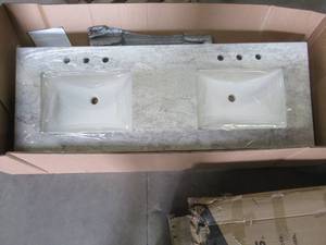 lot 421 image: Home Decorators Collection 61 x 22 Stone Effects Double Basin Vanity Top in Winter Mist, With Backsplash