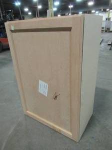 lot 340 image: Hampton Bay Easthaven Shaker Assembled 21x30x12 in. Frameless Wall Cabinet in Unfinished Beech - Door has holecrack - Missing adjustable shelves.