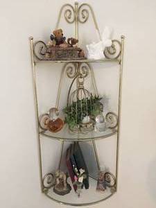 lot 146 image: Corner Brass Three Shelved Wall Hanging w Assorted Decorations