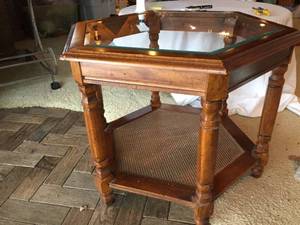 lot 218 image: Wooden Table With Glass Top and Wicker Bottom Shelf