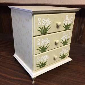 lot 377 image: Table Top Three Drawer Storage Piece & Wood Floral Desktop Organizer