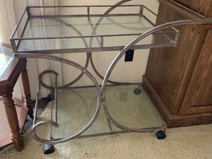 lot 216 image: Rolling Iron Table with Two Glass Shelves