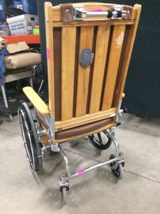 Antique Style Vintage Wood Slat Back Cushioned Seat &amp Backrest Reclining Wheelchair - Excellent Condition For Age