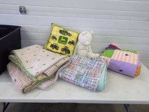 lot 35 image: 3 Quilts, Stuffed Bear and John Deere Pillow