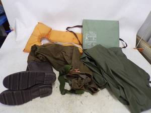 lot 58 image: Waders, Life Jacket, Raingear Set and Boat Cushion