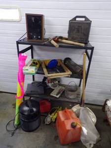 lot 59 image: Paint Sprayer, Solder Gun, Skil Saw, and other Miscellaneous Garage Items with Shelf