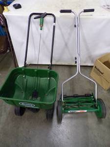 lot 64 image: Scotts Push Mower and Fertilizer Spreader