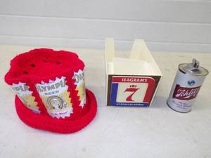 lot 90 image: 3 Vintage Bar Items Seagrams Caddy. Schlitz Lighter, Olympian Hat