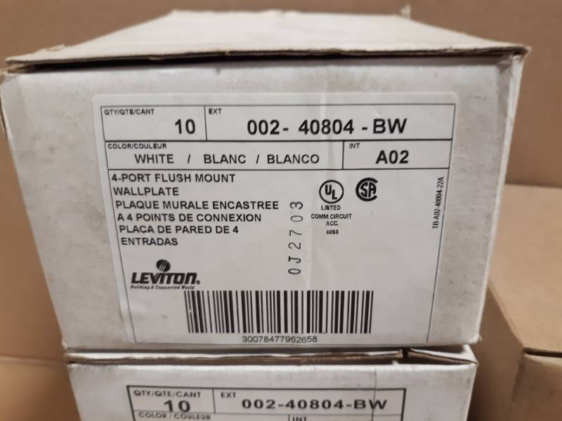(7) Boxes Leviton 3 & 4 Port White Wall Plates