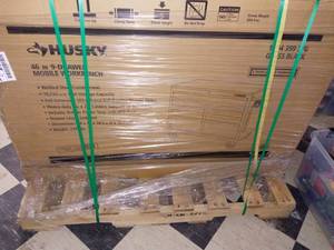 lot 70 image: 46 in. W x 24.5 in. D 9-Drawer Mobile Workbench with Solid Wood Top in All Black Finish by Husky - not used