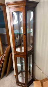 lot 50 image: Narrow Wood Lighted Curio Cabinet w Glass Shelves